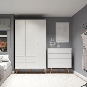 Conjunto Quarto Solteiro Retrô com Guarda-Roupa Cômoda Branca