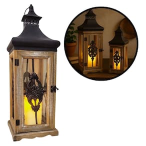 Lanterna Decorativa Iluminada Madeira e Ferro Rústico Com Vela LED 37cm - Empório Decor