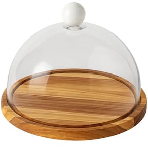 Boleira Madeira Teca com Cúpula Plástica Bubble 32cm Porta Bolo de Mesa Zanline