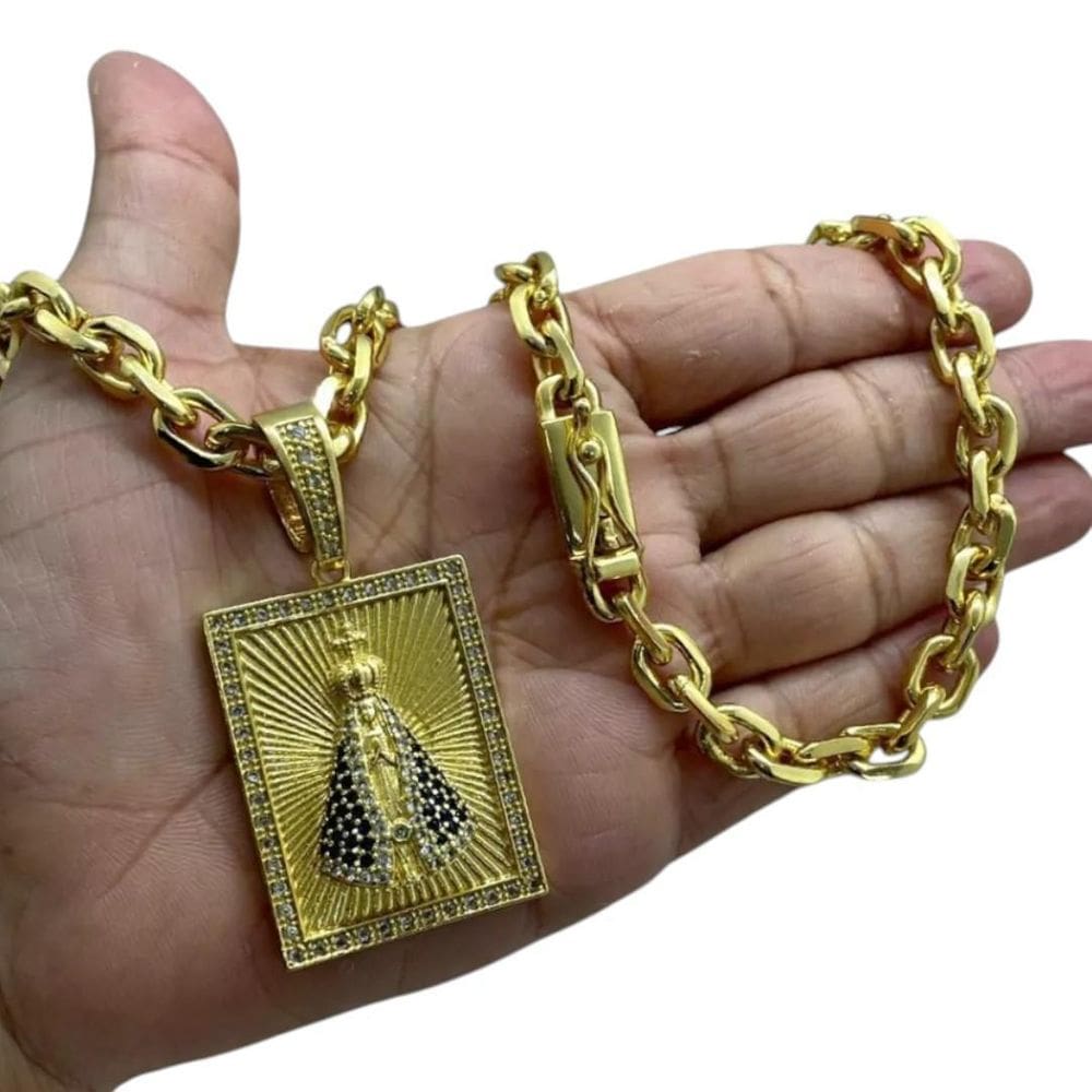 Cordão 8Mm Cadeado + Pingente Nossa Senhora - Banhado A Ouro