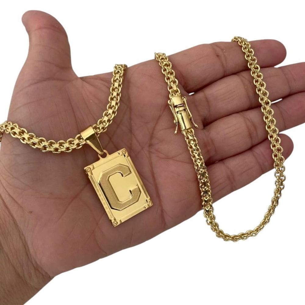 Cordão 5Mm Cadeado Duplo + Pingente Letra - Banhado A Ouro