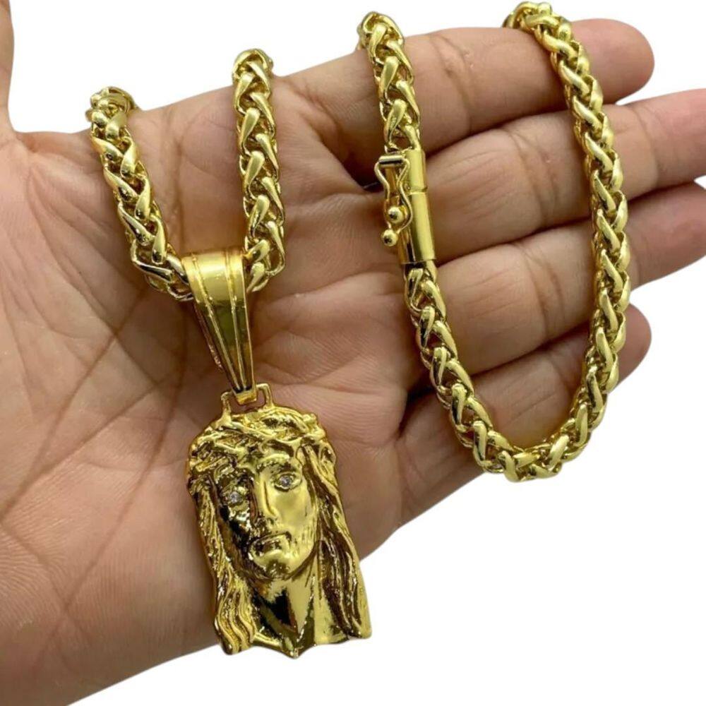 Cordão 8Mm Peruano + Pingente Jesus - Banhado A Ouro