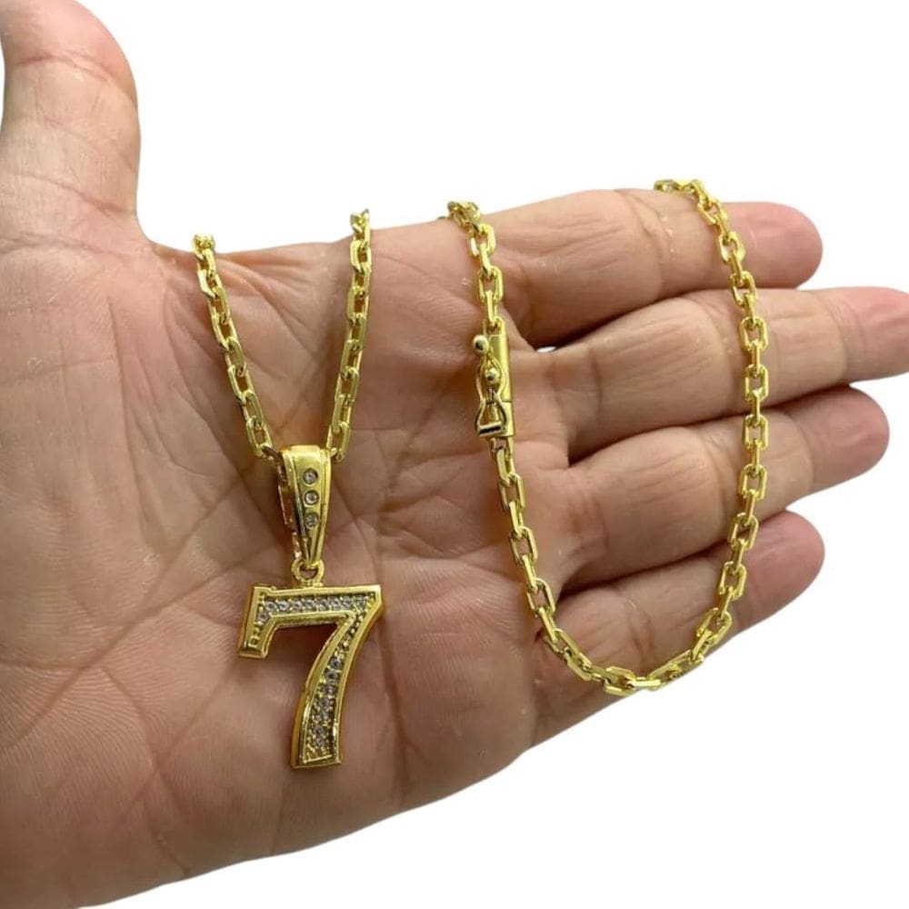 Cordão 4Mm Cadeado + Pingente 7 - Banhado A Ouro