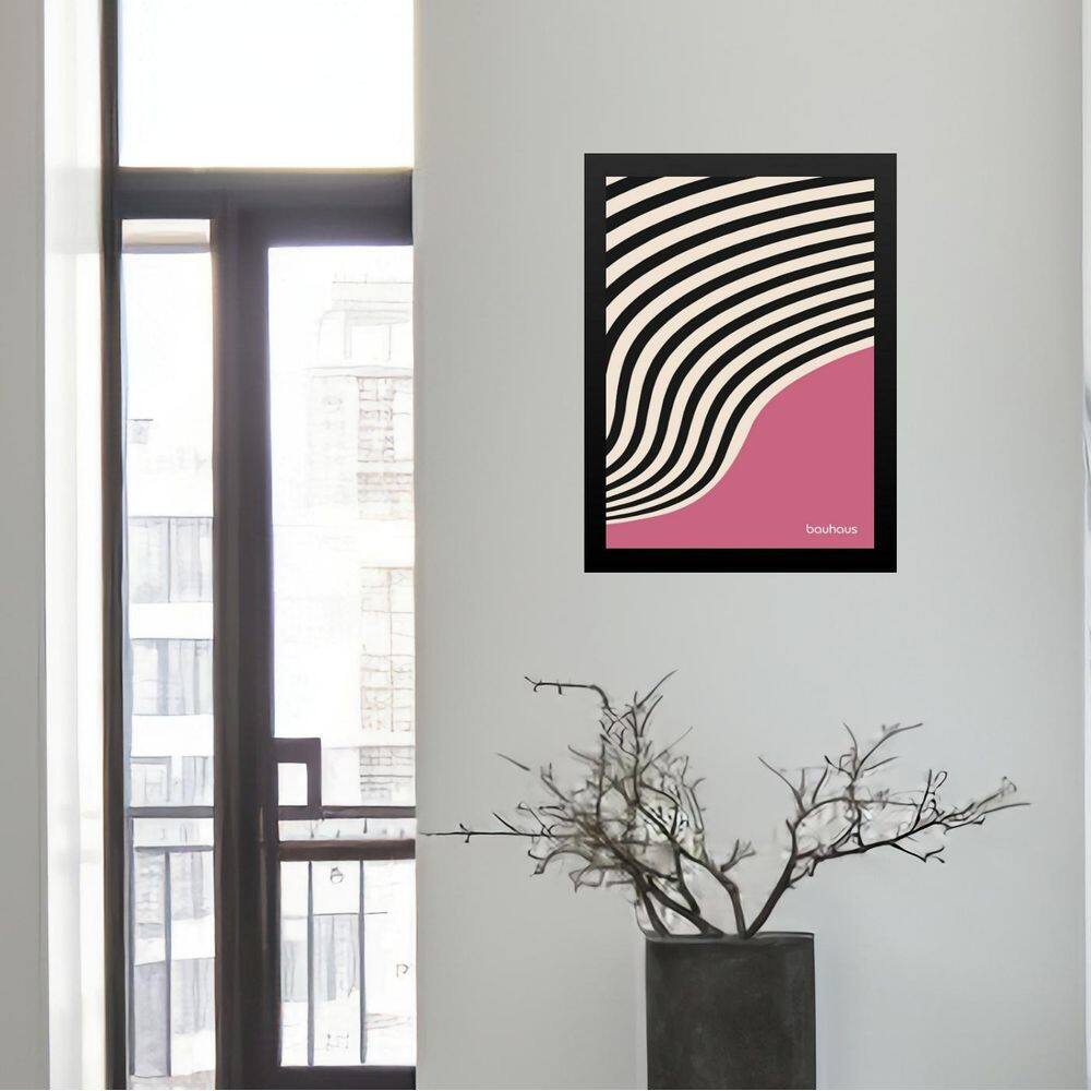 Quadro Bauhaus Rosa E Preto - Curvas 24X18Cm - Com Vidro