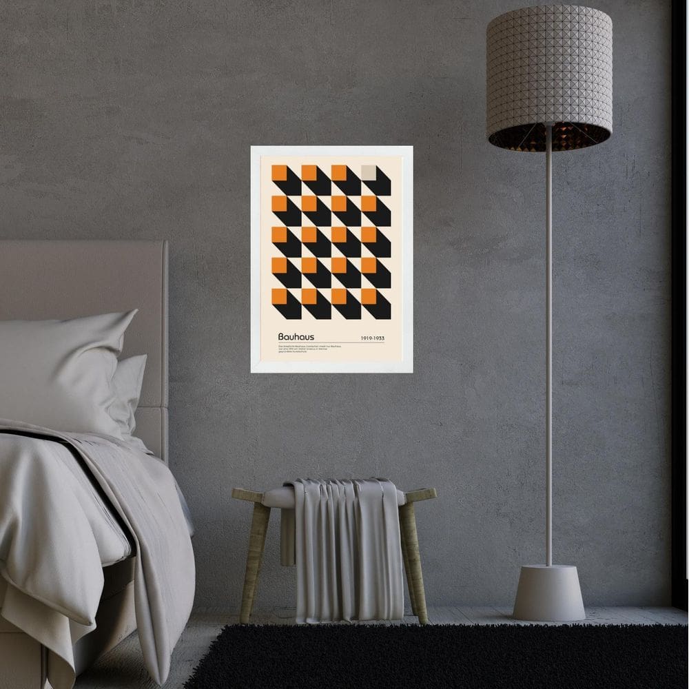 Quadro Bauhaus Laranja - Cubos 24X18Cm - Com Vidro