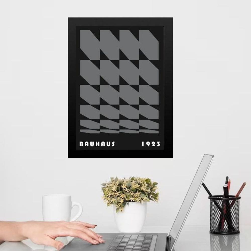 Quadro Bauhaus Cinza E Preto - Rolled Hexagons 24X18Cm