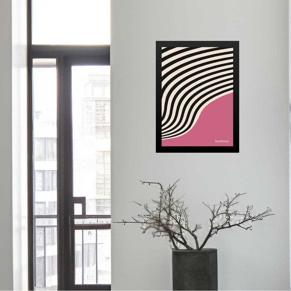 Quadro Bauhaus Rosa E Preto - Curvas 24X18Cm - Com Vidro