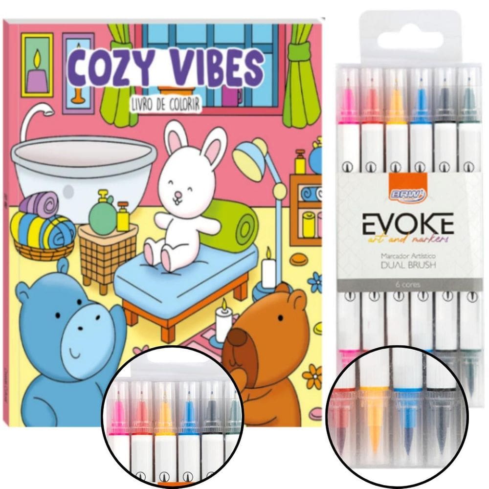 Livro Pintura Bobbie Goods Cozy Vibes + 6 Canetas Marcadores