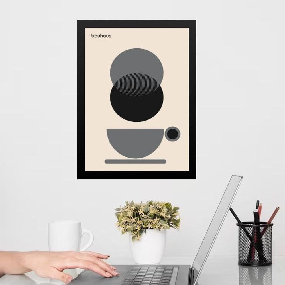 Quadro Bauhaus Cinza Preto Bege - Café 33X24Cm - Com Vidro
