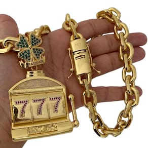 Cordão 18Mm Cadeado + Pingente 777 - Banhado A Ouro