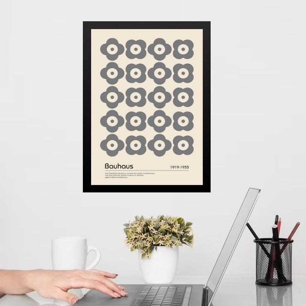 Quadro Decorativo Bauhaus Cinza Floral 33X24Cm - Com Vidro