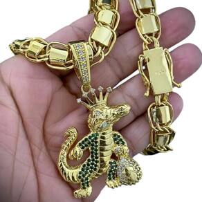 Cordão 10Mm Dubai + Pingente Jacaré Rei - Banhado A Ouro