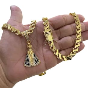 Cordão 8Mm Friso S + Pingente Nossa Senhora - Banhado A Ouro