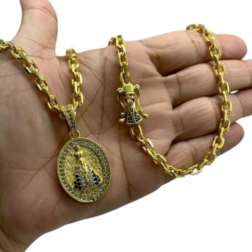 Cordão 6Mm Cadeado + Pingente Nossa Senhora - Banhado A Ouro