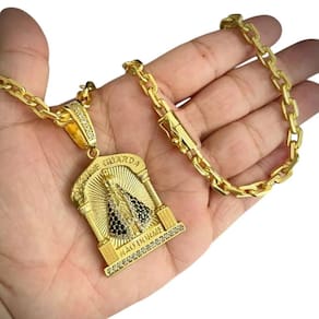 Cordão 6Mm Cadeado + Pingente Nossa Senhora - Banhado A Ouro