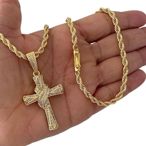 Cordão 5Mm Baiano + Pingente Cruz Amarrada - Banhado A Ouro
