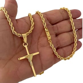 Cordão 5Mm Baiano + Pingente Cruz Fio - Banhado A Ouro