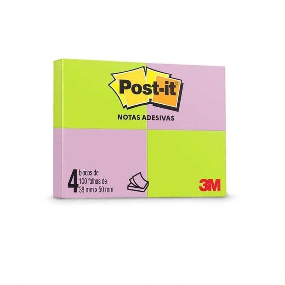 Bloco De Notas Adesivas Post-it 38x50 Mm 100 Folhas - 4 Unidades - 3m - Neon