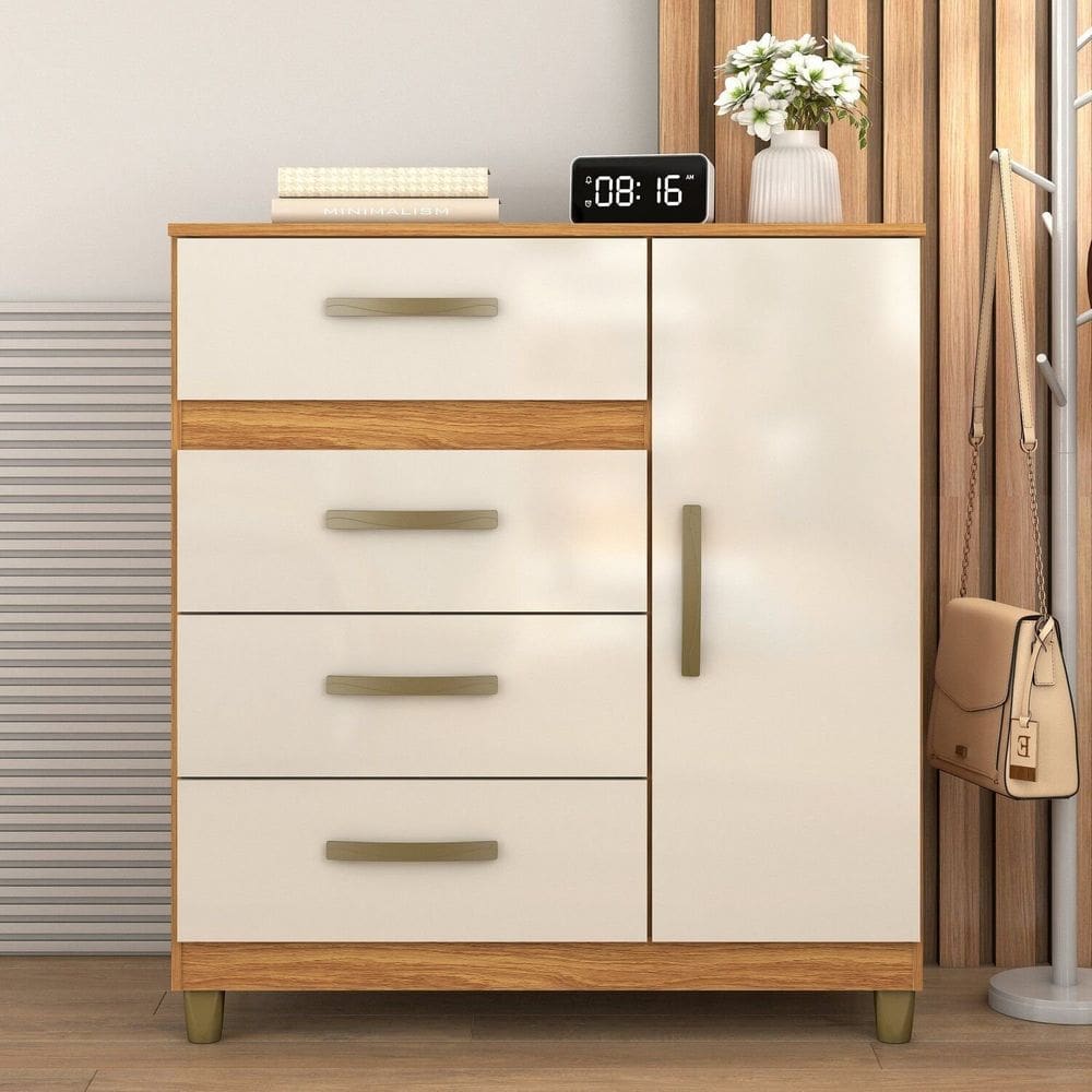 Cômoda Leme 1 Porta 4 Gavetas 99x90,5x40cm Cinamomo/Off White