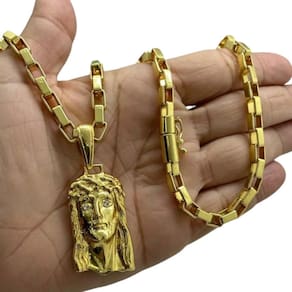 Cordão 6Mm Tijolinho Curto + Pingente Jesus - Banhado A Ouro