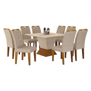 Mesa de Jantar Larissa 135x135 Off White Freijó com 8 Cadeiras MDF Freijó Linho Palha - Leifer Móveis
