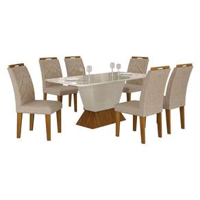 Mesa de Jantar Larissa 180x90 Off White Freijó com 6 Cadeiras MDF Freijó Linho Palha - Leifer Móveis