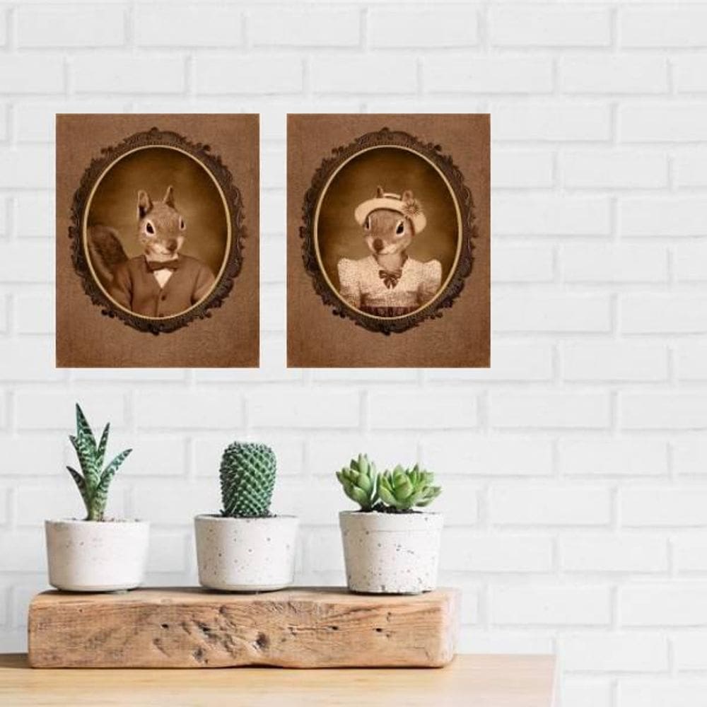 Kit 2 Placas Decorativas Casal Esquilo 18X27Cm