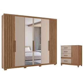 Guarda Roupa Casal Araguaia e Cômoda Vênus Carvalho Fendi com Espelho e Pés - Moval