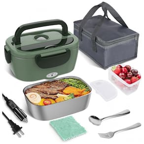 Marmita Elétrica Portátil 1,5L com Garfo, Colher e Bolsa para Transporte, 12V 1110V 60W, Vabaso, Verde Escuro
