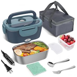 Marmita Elétrica Portátil 1,5L com Garfo, Colher e Bolsa para Transporte, 12V 1110V 60W, Vabaso, Azul Escuro