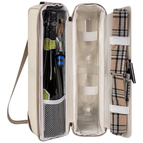 Bolsa Térmica para Vinhos ALLCAMP com Compartimento Refrigerado - Conjunto de Piquenique com Dois Jogos de Talheres - Cor Creme