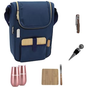 Bolsa Térmica para Vinho e Queijo Truvelli Plush Picnic, 7 em 1, Isolada para 2 Garrafas - Presente Ideal para Amantes de Vinho - Azul