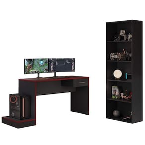 Mesa Gamer 1 Gaveta E Estante Livreiro Preto Vermelho ARLY