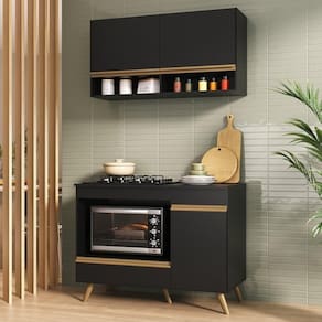 Armário De Cozinha Modulada Compacta 105cm Com Balcão Para Cooktop Veneza Multimóveis Mp2260 Preto Dourado