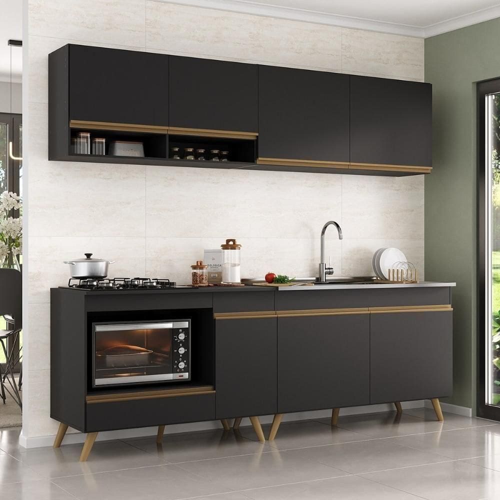 Armário De Cozinha Modulada Compacta 4 Peças Com Balcão Para Cooktop Veneza Multimóveis Mp2264 Preto Dourado