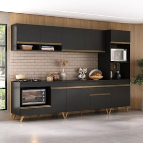 Cozinha Modulada Completa Compacta 5 Peças Com Balcão Para Cooktop Veneza Multimóveis Mp2268 Preto Dourado