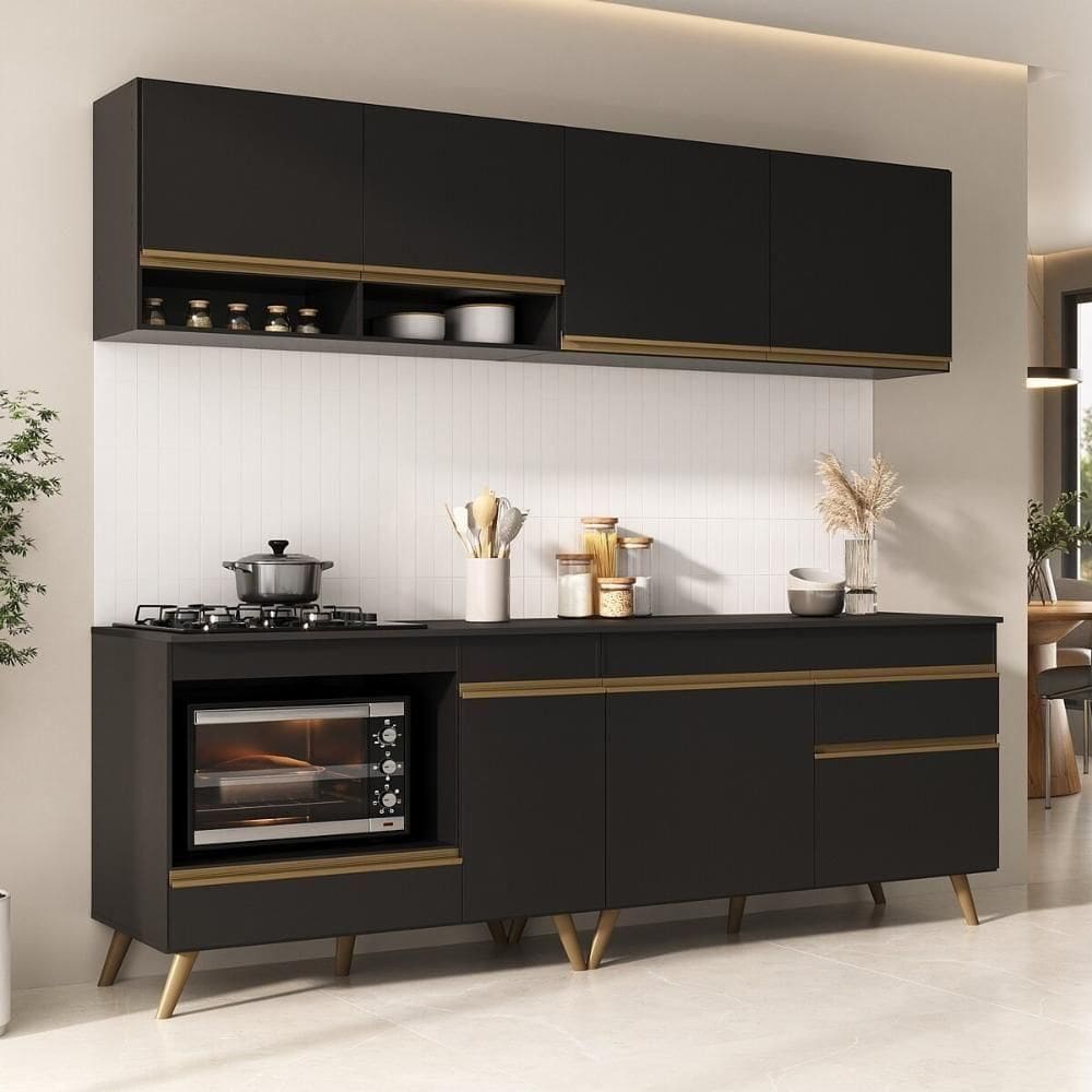 Armário De Cozinha Modulada Compacta Com Balcão Para Cooktop Forno Veneza Multimóveis Mp2262 Preto Dourado