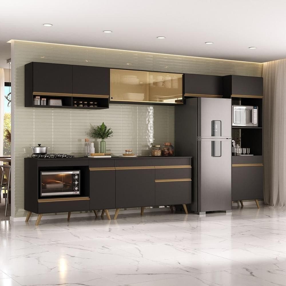 Armário De Cozinha Modulada Completa 357cm Com Balcão Para Cooktop Veneza Multimóveis Mp2274 Preto Dourado