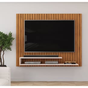 Painel Ripe com Ripado Decorativo e 2 Prateleira de 15mm - Freijó/Off White DJ Móveis