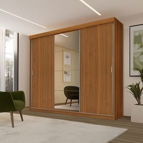 Roupeiro Casal Luxo Imola 100% Mdf 3 Portas de Correr 5 Gavetas Trilhos em Alumínio C/ Espelho - Luapa - Carvalho