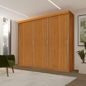 Roupeiro Casal Luxo Imola 100% Mdf 3 Portas de Correr 5 Gavetas Trilhos em Alumínio - Luapa - Freijó