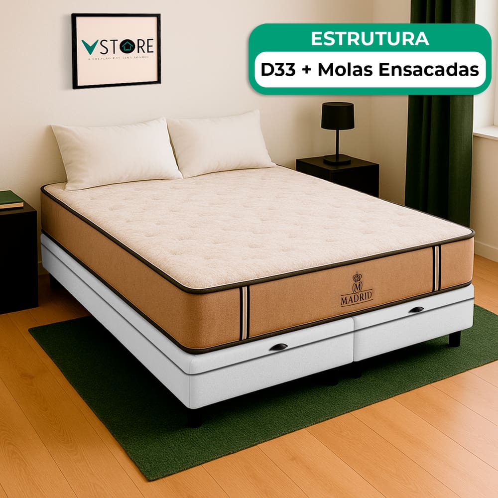 Cama Box Baú King e Colchão Madrid Molas V-Store 193x203x28