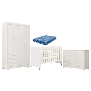 Quarto de Bebê Zaki e Berço Americano Evolution 4 em 1 Branco Acetinado com Colchão Ortobom - Reller
