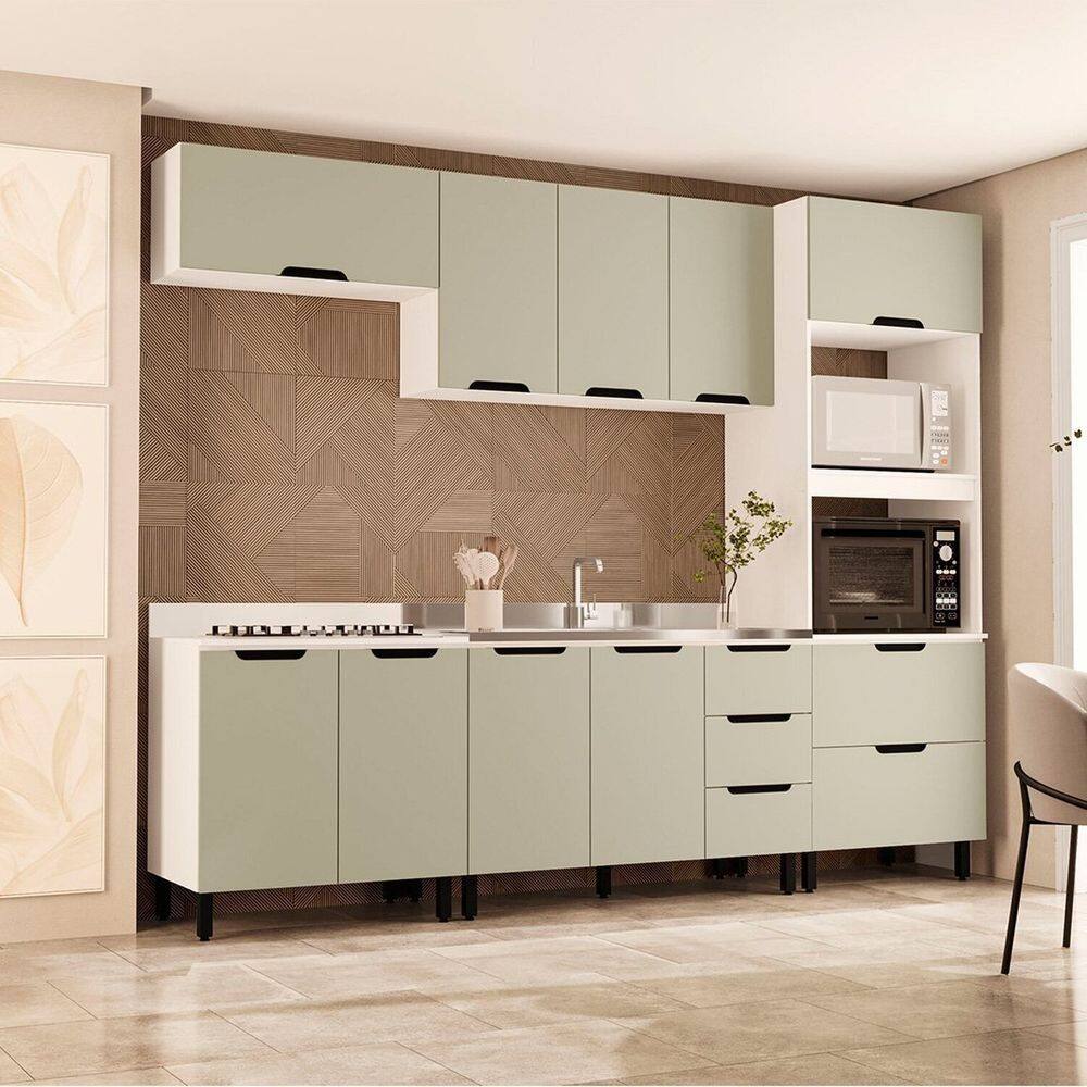 Cozinha Completa 5 Peças 224,5cmx270cm Meena Branco/Verde Oliva