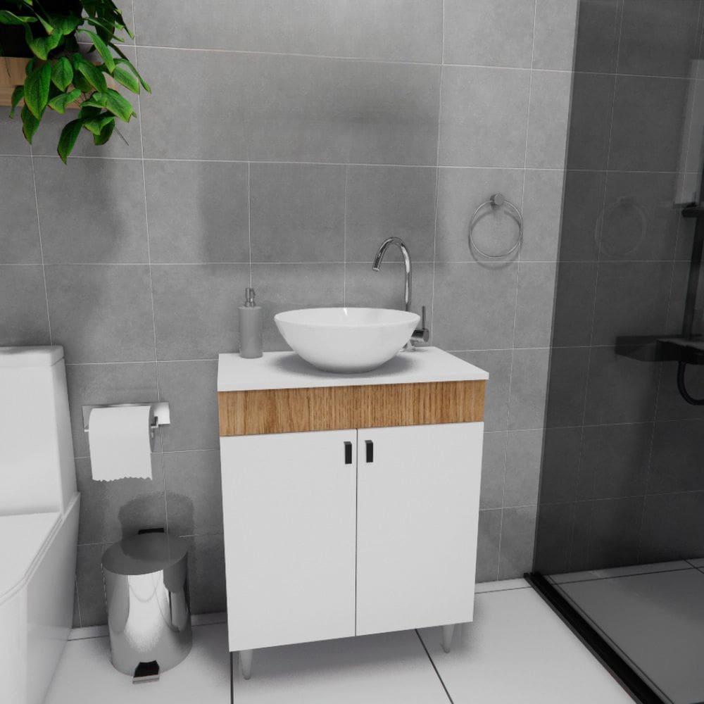 Conjunto Gabinete para Banheiro com Cuba Sevilha Marrom/Branco