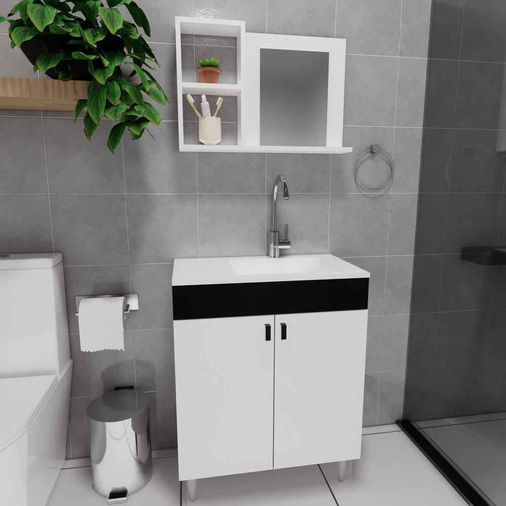 Conjunto Gabinete para Banheiro com Cuba Espelheira Sevilha Preto/Branco
