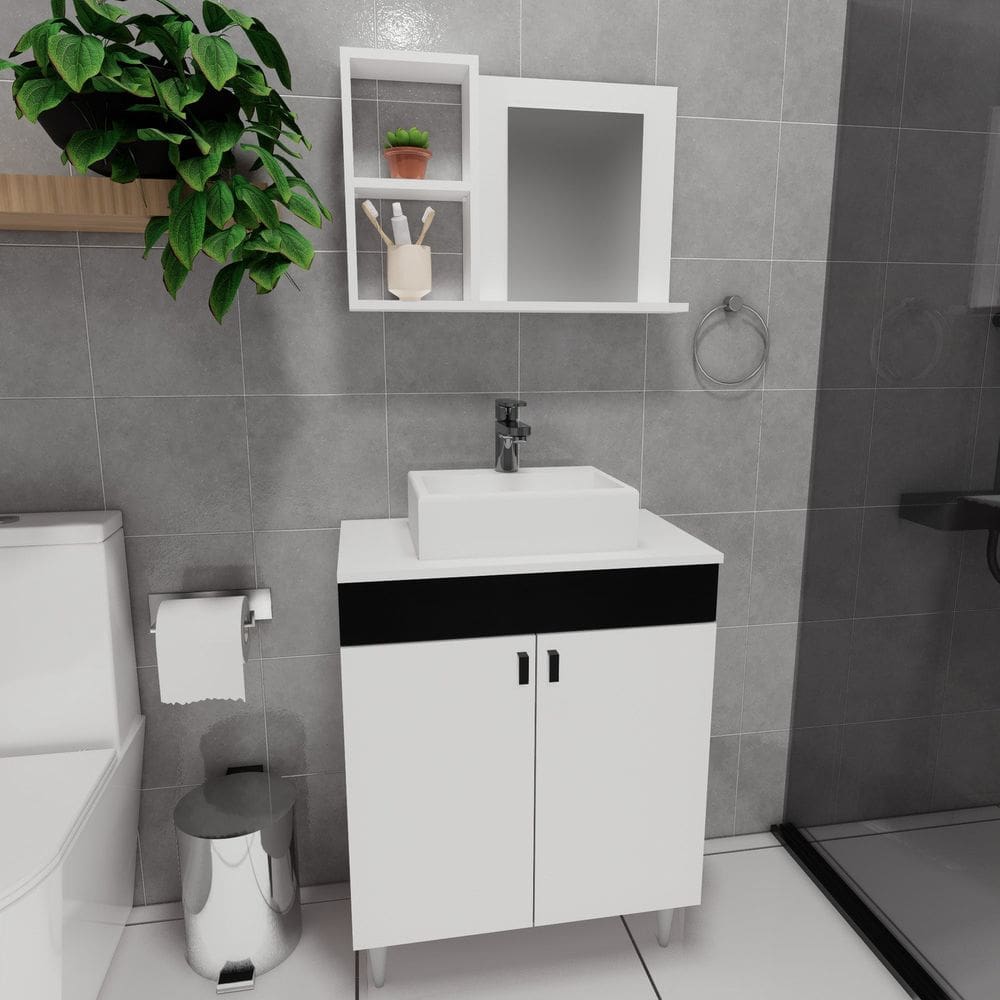 Conjunto Gabinete para Banheiro com Cuba Espelheira Sevilha Preto/Branco