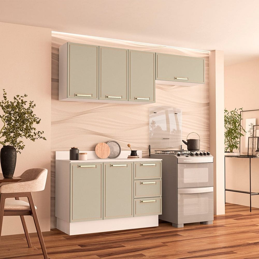 Cozinha Completa 3 Peças 224,5cmx200cm Branco/Verde Oliva