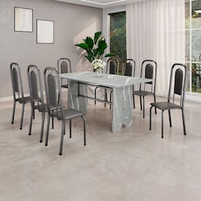 Conjunto Sala de Jantar com 8 Cadeiras Lara Preto / Prata