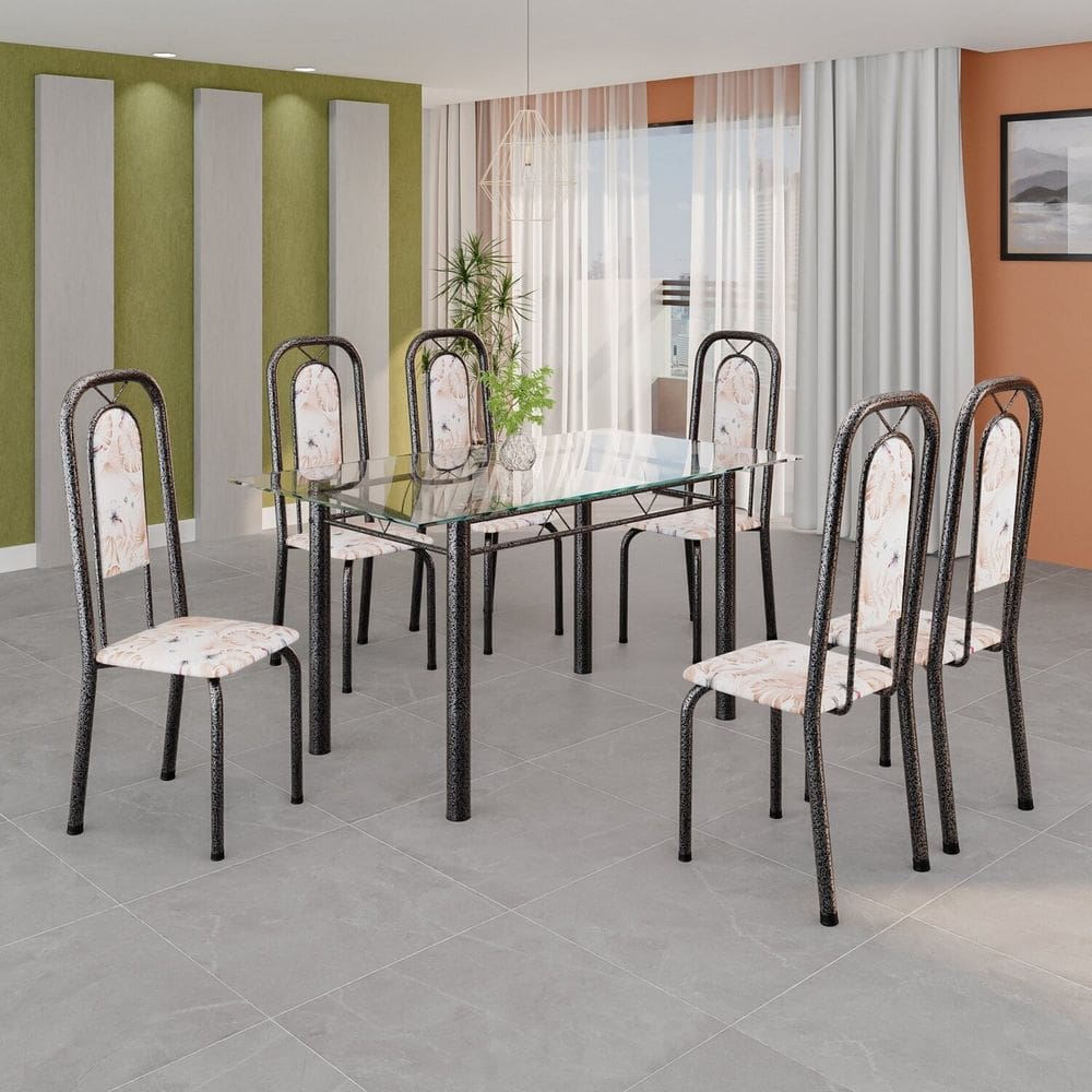 Conjunto de Mesa Tubular Tampo Vidro com 6 Cadeiras Lara Bege/Prata